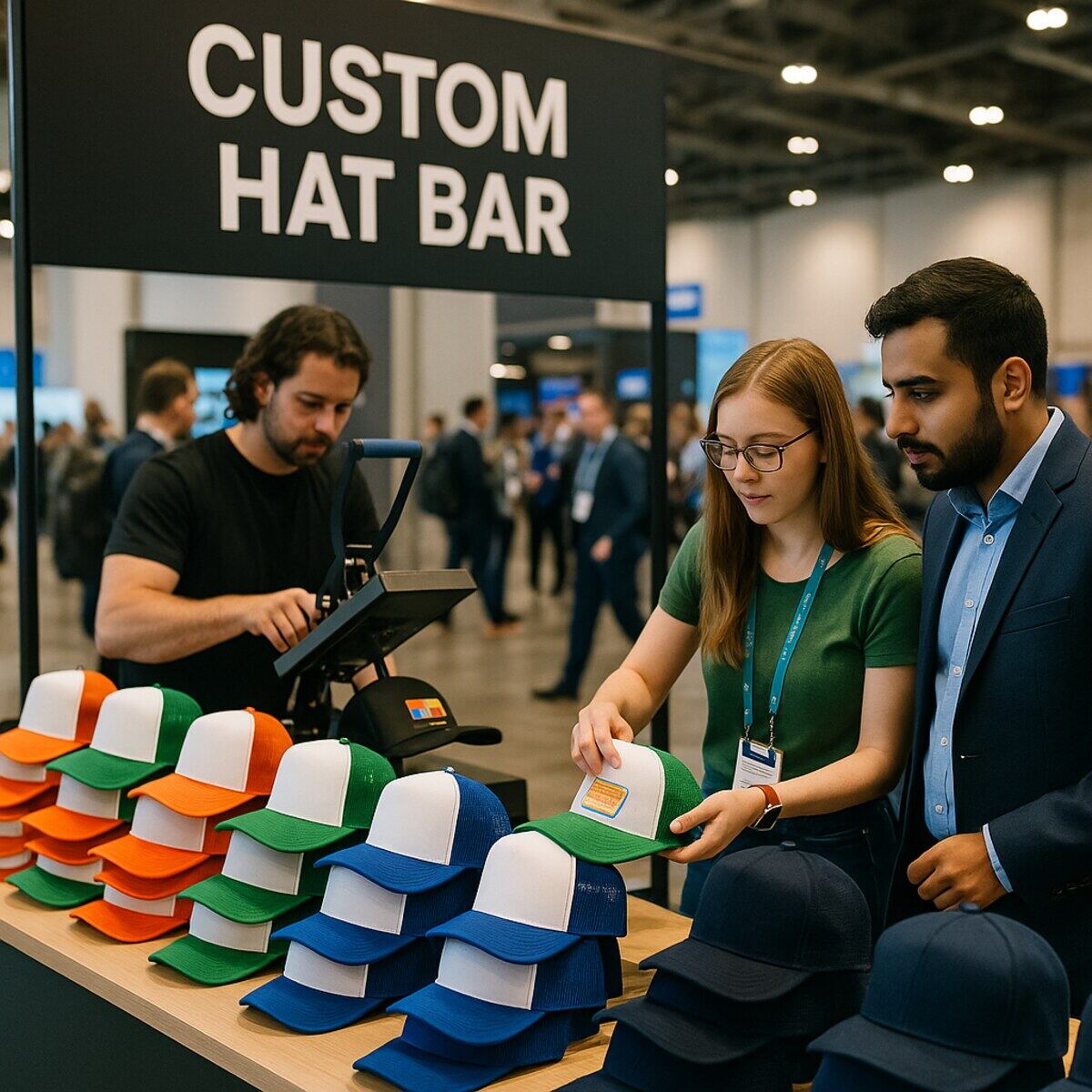 Hat bar station inside the booth with caps and patches to choose from